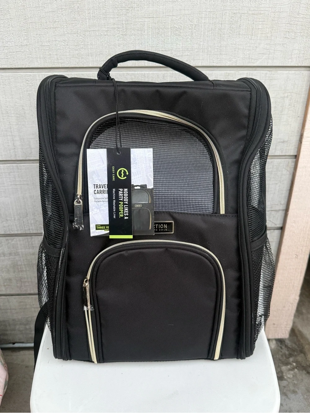 Kenneth Cole Black Backpack Pet Carrier with Gold Trim